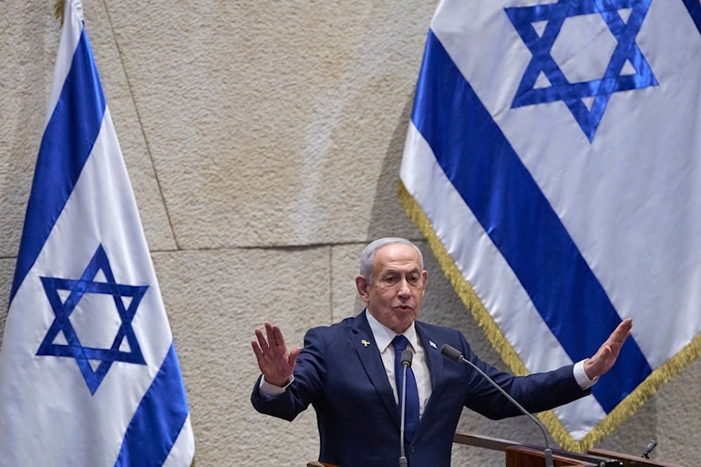 Israeli Prime Minister Benjamin Netanyahu addresses lawmakers in the Knesset, in occupied al-Quds, occupied Palestine, Monday, November 10, 2025 (AP)