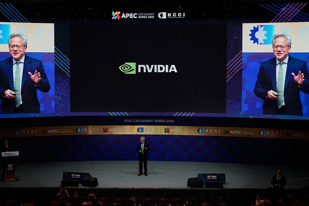 NVIDIA CEO Jensen Huang makes a keynote speech during the special session at the Asia-Pacific Economic Cooperation (APEC) CEO summit in Gyeongju, South Korea, Friday, October. 31, 2025. (AP Photo/Ng Han Guan)