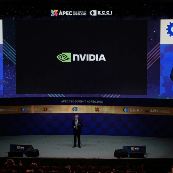 NVIDIA CEO Jensen Huang makes a keynote speech during the special session at the Asia-Pacific Economic Cooperation (APEC) CEO summit in Gyeongju, South Korea, Friday, October. 31, 2025. (AP Photo/Ng Han Guan)