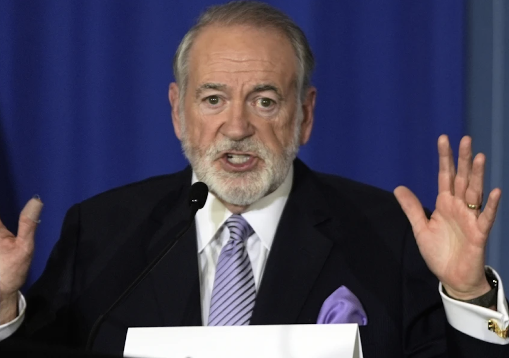 Mike Huckabee gestures as a campaign event at the Drexelbrook Catering & Event Center on October 29, 2024. (AP)