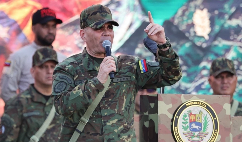 Defense Minister Vladimir Padrino Lopez speaks during a march in support of President Nicolas Maduro in Caracas, Venezuela, Tuesday, Sept. 23, 2025. (AP Photo/Jesus Vargas)
