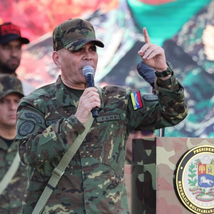 Defense Minister Vladimir Padrino Lopez speaks during a march in support of President Nicolas Maduro in Caracas, Venezuela, Tuesday, Sept. 23, 2025. (AP Photo/Jesus Vargas)