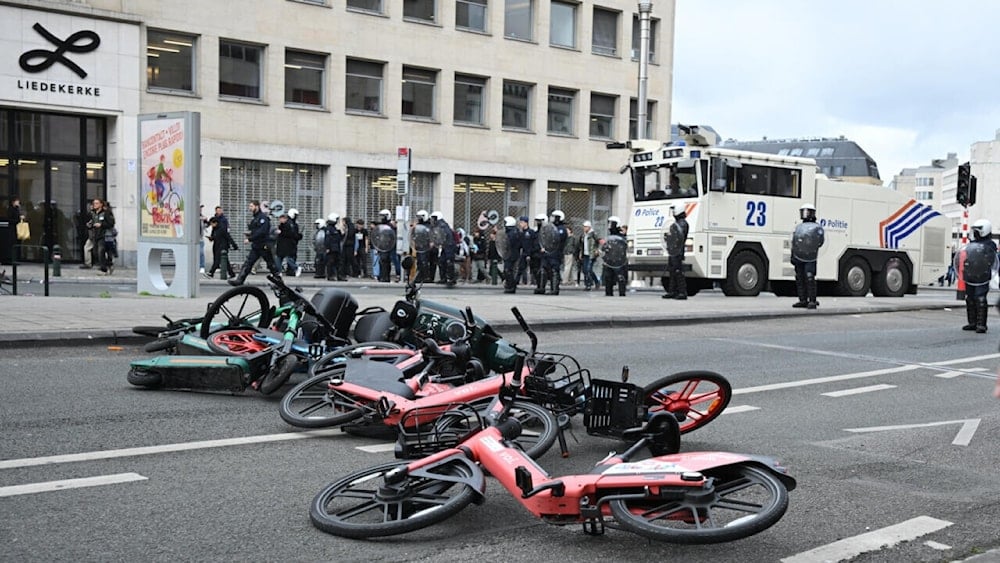 File photo of bikes and scooters used as a roadblock during a general strike in Brussels taken October 14, 2025. (AP)