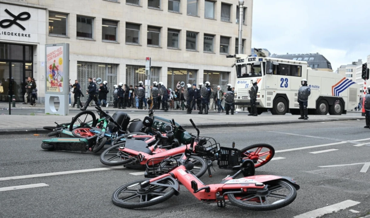 File photo of bikes and scooters used as a roadblock during a general strike in Brussels taken October 14, 2025. (AP)