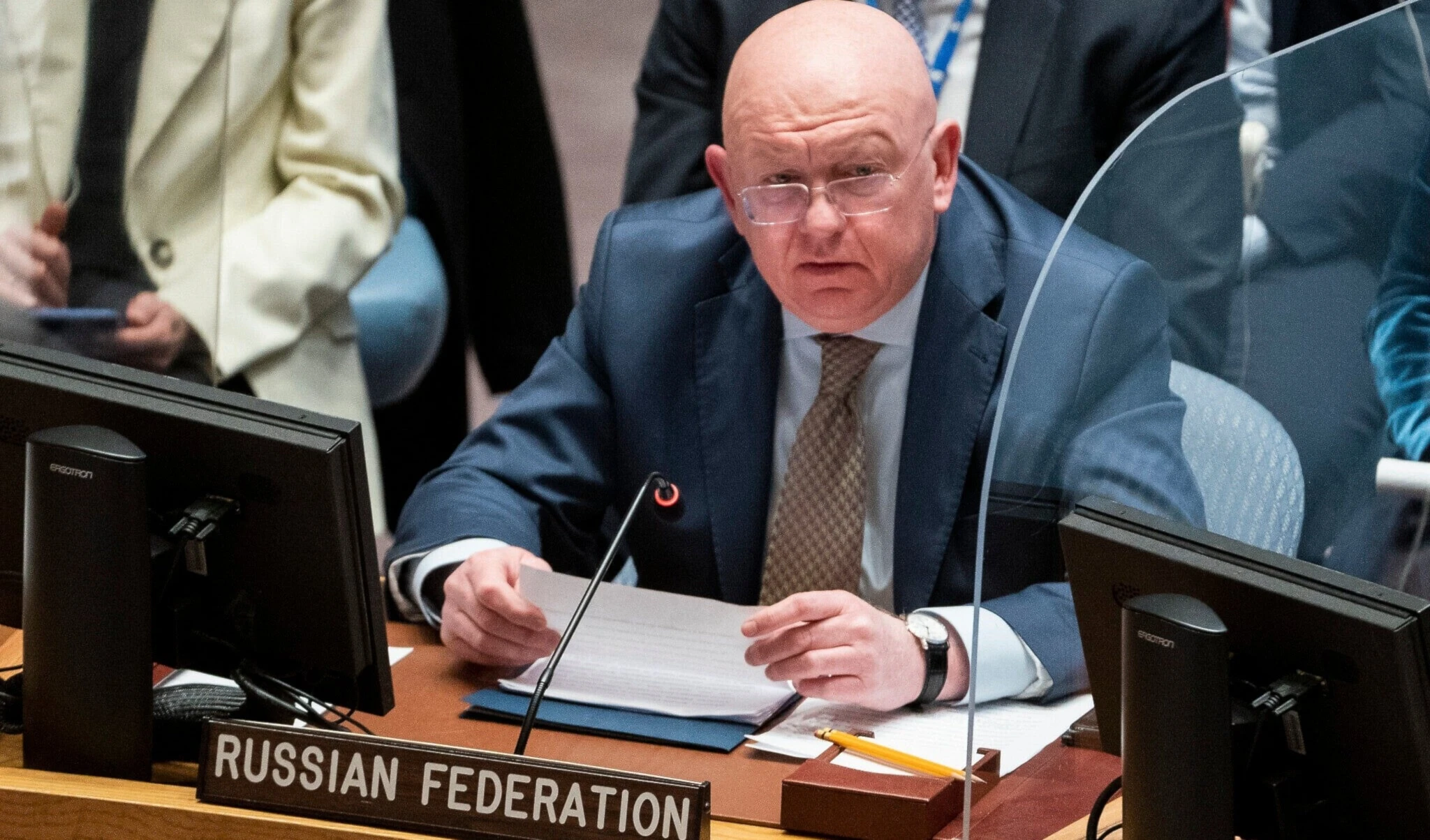 Vassily Nebenzia, permanent representative of Russia to the United Nations, speaks during a meeting of the UN Security Council, March 29, 2022, at United Nations headquarters (AP Photo/John Minchillo, File)