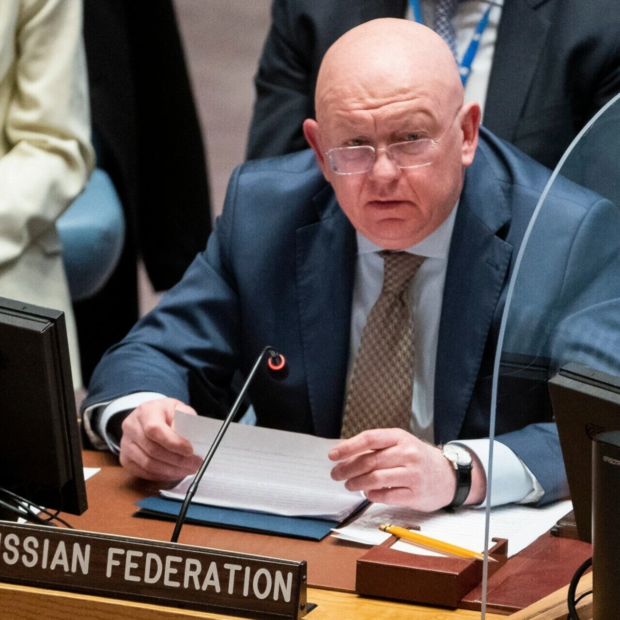 Vassily Nebenzia, permanent representative of Russia to the United Nations, speaks during a meeting of the UN Security Council, March 29, 2022, at United Nations headquarters (AP Photo/John Minchillo, File)