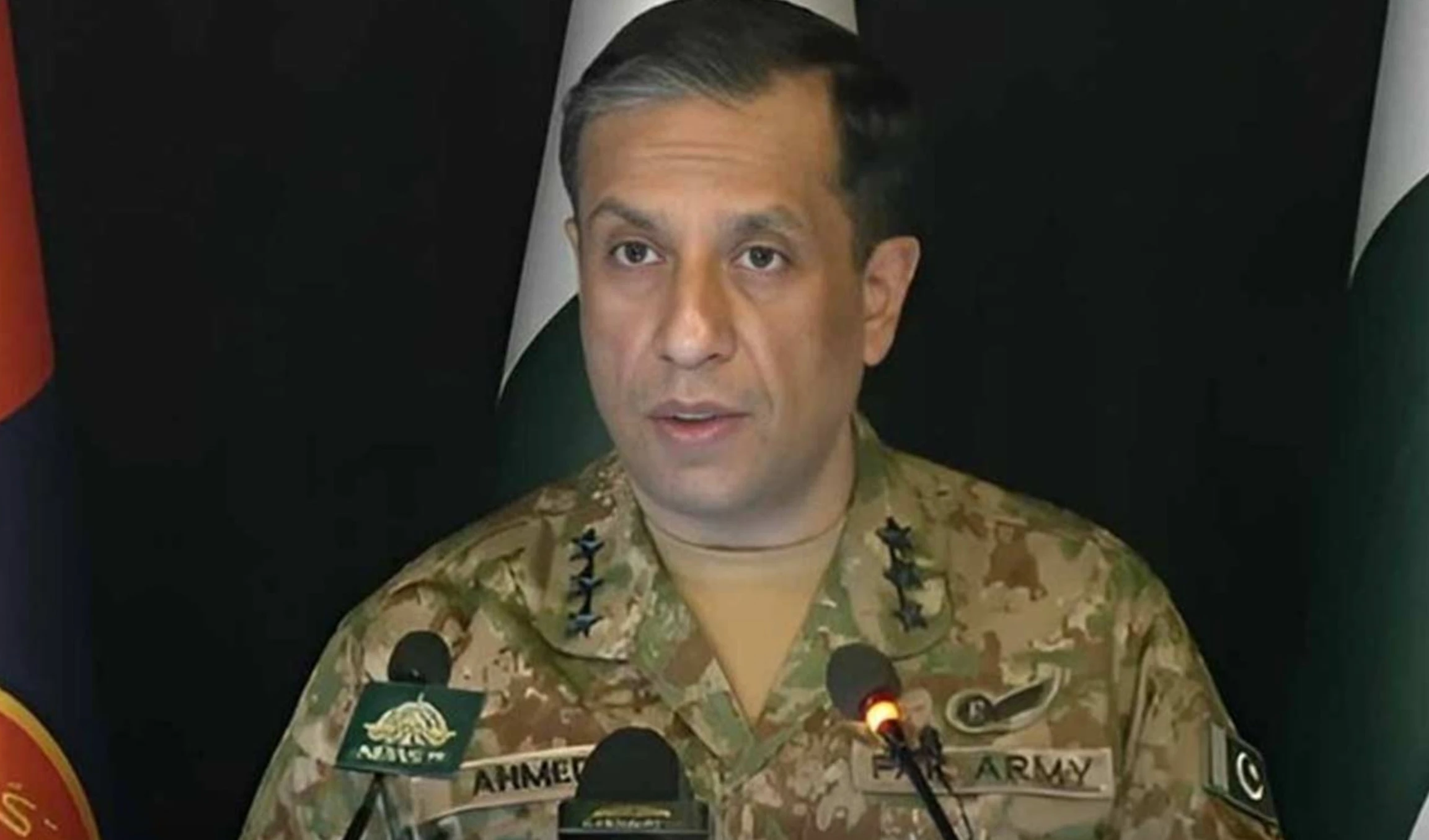 Lt. Gen. Ahmed Sharif Chaudhry addresses reporters during a press briefing in Islamabad. (ISPR)
