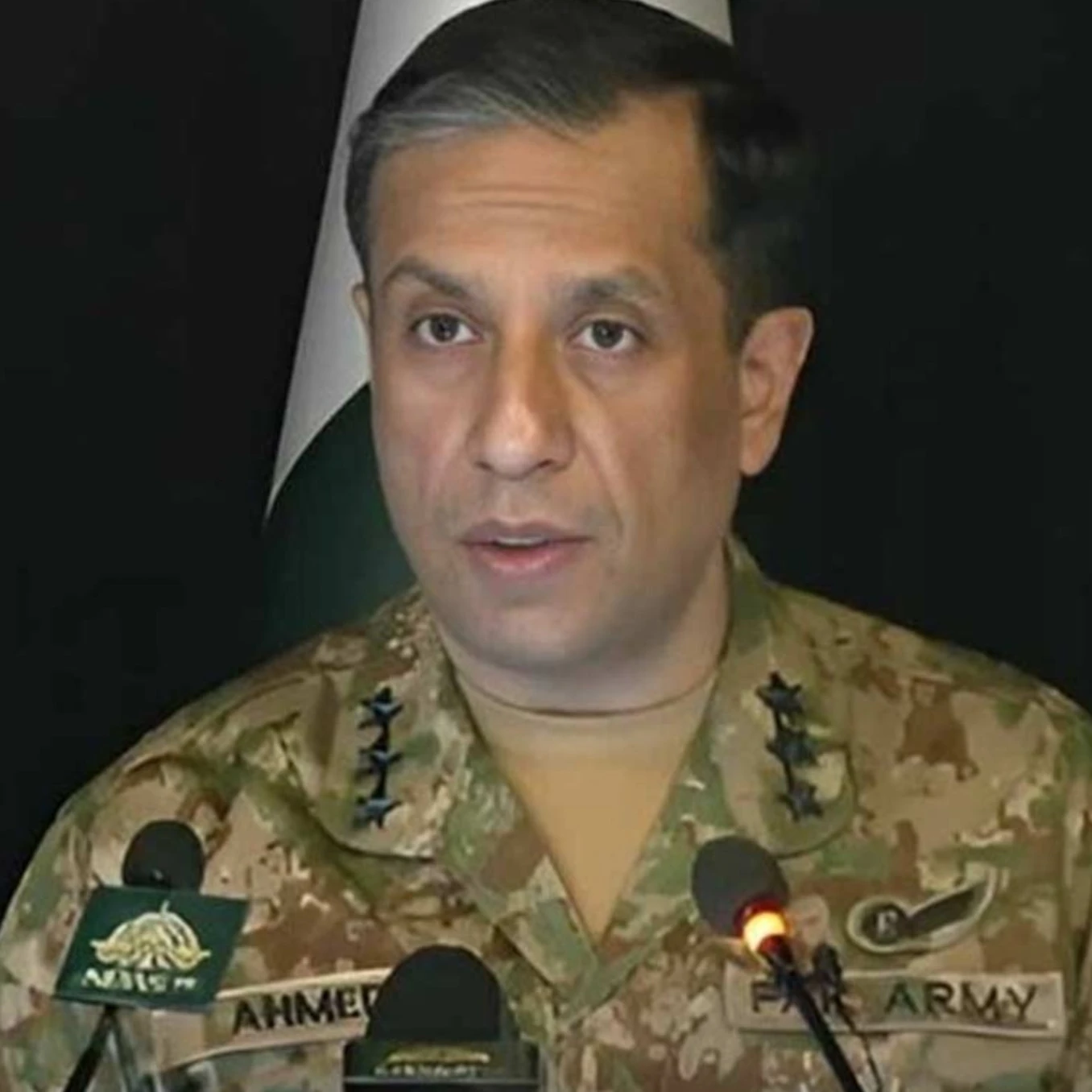 Lt. Gen. Ahmed Sharif Chaudhry addresses reporters during a press briefing in Islamabad. (ISPR)