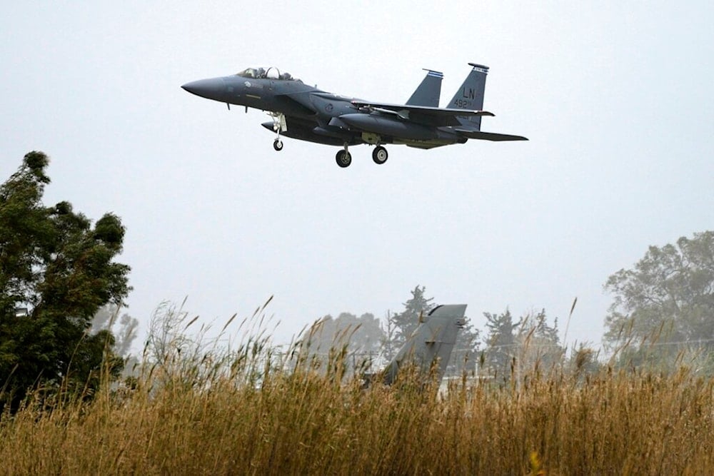 A US F-15 fighter jet prepares for landing at the Andravida air base, about 279 kilometres (174 miles) southwest of Athens, Friday, April 1, 2022 (AP)