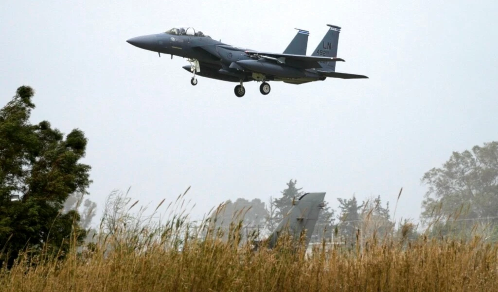 A US F-15 fighter jet prepares for landing at the Andravida air base, about 279 kilometres (174 miles) southwest of Athens, Friday, April 1, 2022 (AP)
