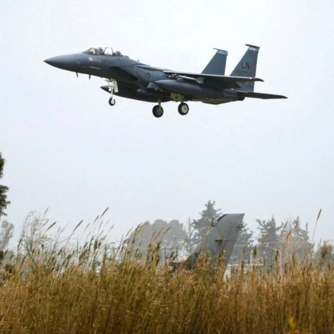 A US F-15 fighter jet prepares for landing at the Andravida air base, about 279 kilometres (174 miles) southwest of Athens, Friday, April 1, 2022 (AP)