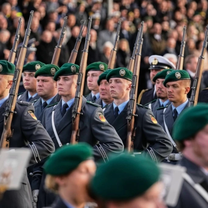 Soldiers take part in the ceremonial pledge as a central event to mark the 70th anniversary of the Bundeswehr German army) in Berlin, Germany, Wednesday, Nov.12, 2025. (AP Photo/Ebrahim Noroozi)