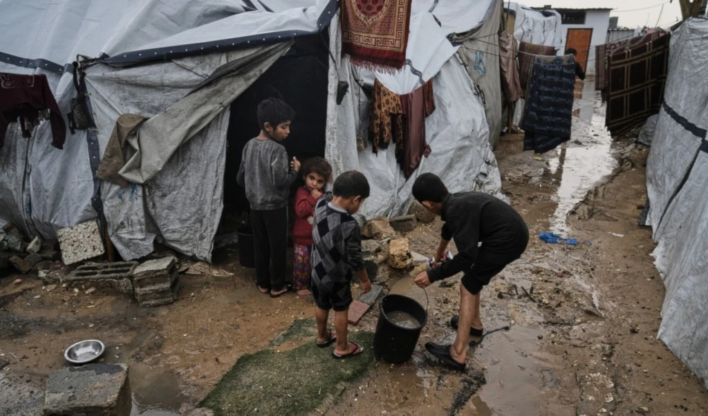 Displaced Palestinian children clear water from their flooded tent at a temporary camp after heavy rainfall in Gaza City, Tuesday, November 25, 2025 (AP)