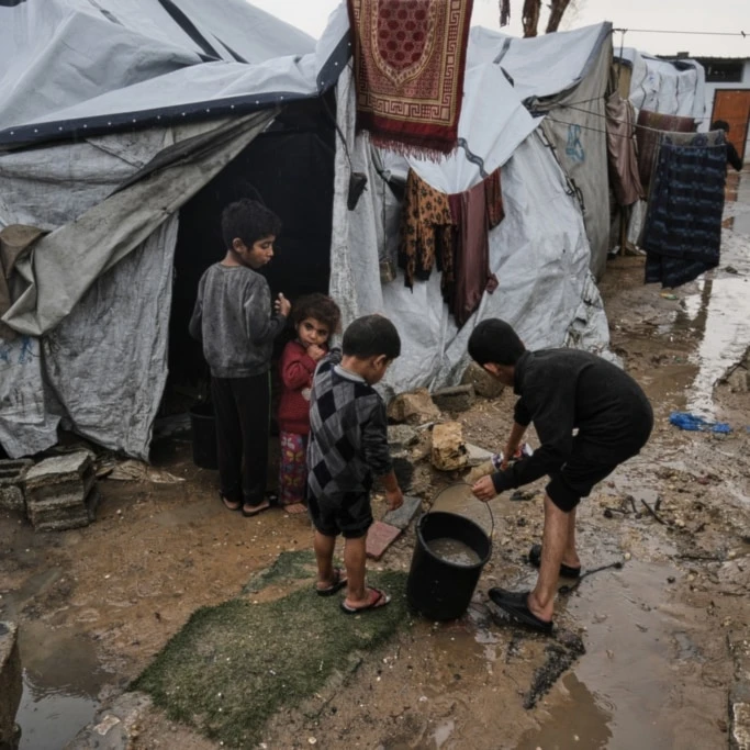 Displaced Palestinian children clear water from their flooded tent at a temporary camp after heavy rainfall in Gaza City, Tuesday, November 25, 2025 (AP)