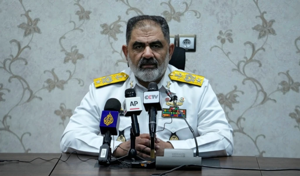 Iranian navy chief Admiral Shahram Irani speaks in a news conference during a joint naval drill of Iran, Russia and China, in Konark, Iran, Tuesday, March 11, 2025. (AP)