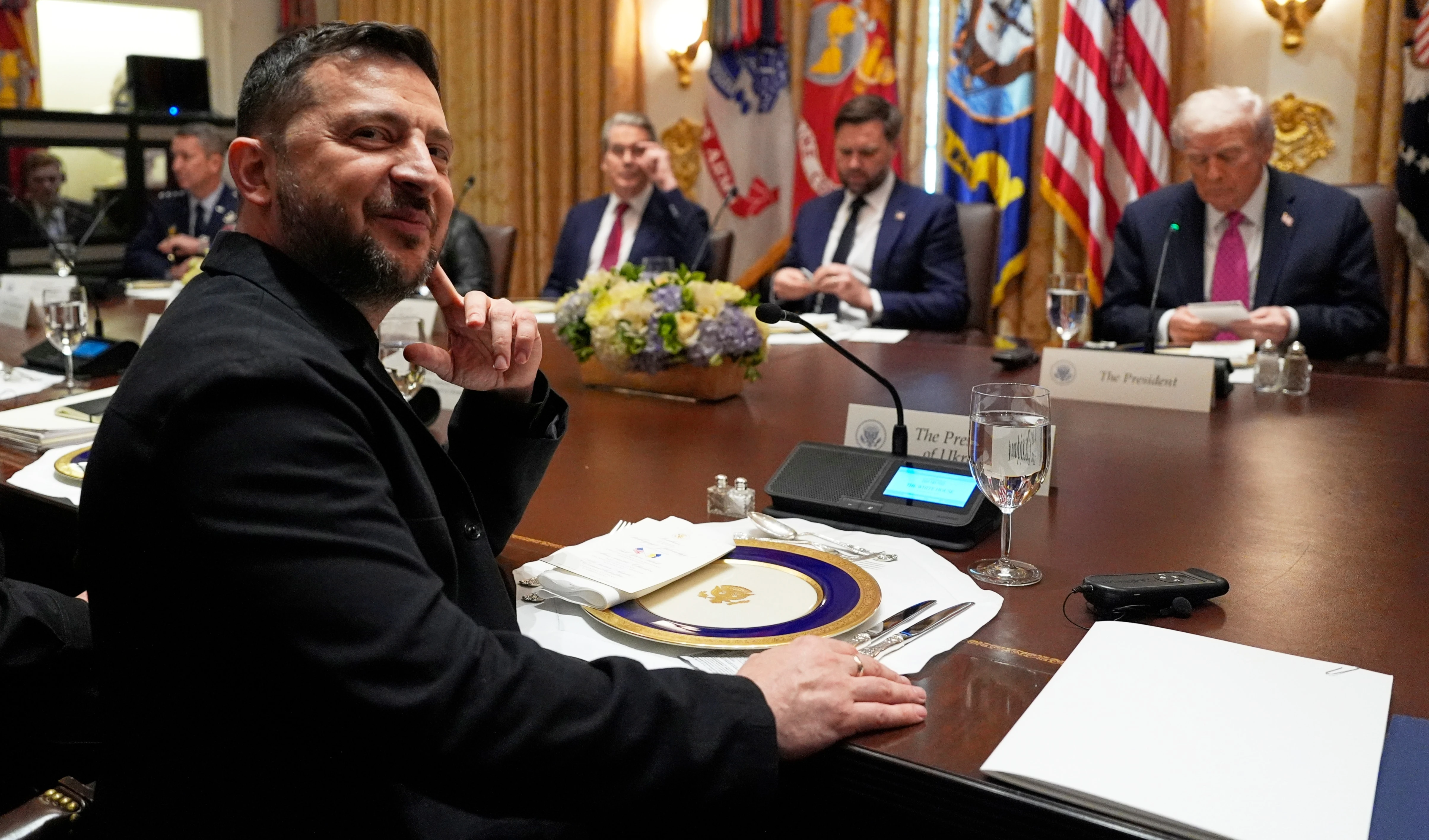 Ukraine's President Volodymyr Zelenskyy, sits before a meeting with President Donald Trump, Vice President JD Vance and Treasury Secretary Scott Bessent in the Cabinet Room of the White House, Friday, Oct. 17, 2025, in Washington (AP)