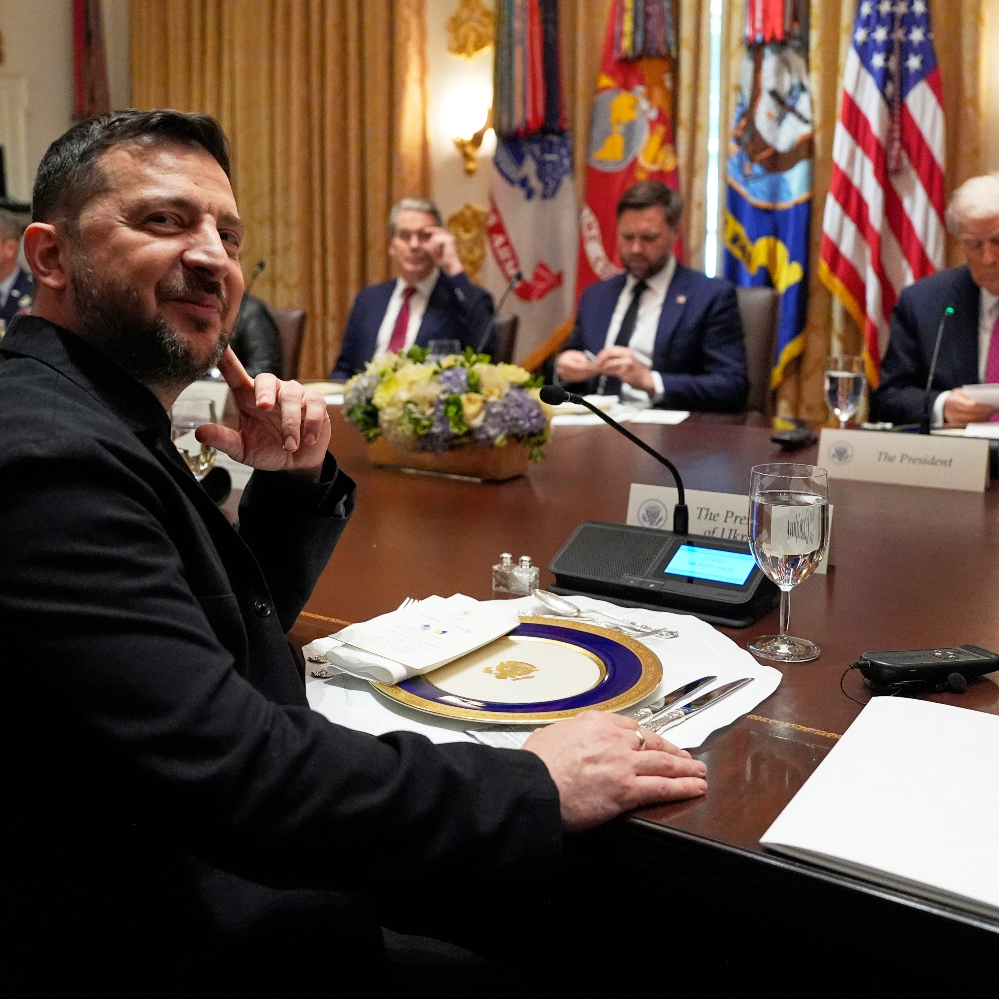 Ukraine's President Volodymyr Zelenskyy, sits before a meeting with President Donald Trump, Vice President JD Vance and Treasury Secretary Scott Bessent in the Cabinet Room of the White House, Friday, Oct. 17, 2025, in Washington (AP)
