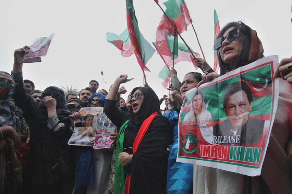 Supporters of imprisoned former Pakistani Prime Minister Imran Khan chant slogans during a protest condemning a court verdict on the corruption case against Khan, in Peshawar, Pakistan, Friday, January 17, 2025. (AP Photo/Muhammad Sajjad)