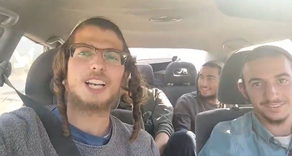 Israeli settlers capture a video of themselves as they infiltrated the Syrian border in their car into the village of Beer Ajam, November 27, 2025 (social media)