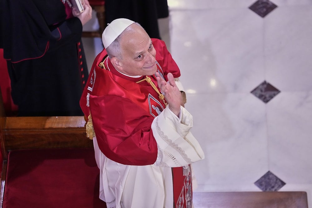 Pope Leo XIV meets the clergy at the Cathedral of the Holy Spirit, in Istanbul, Turkey, on November 28, 2025. (AP Photo/Domenico Stinellis)