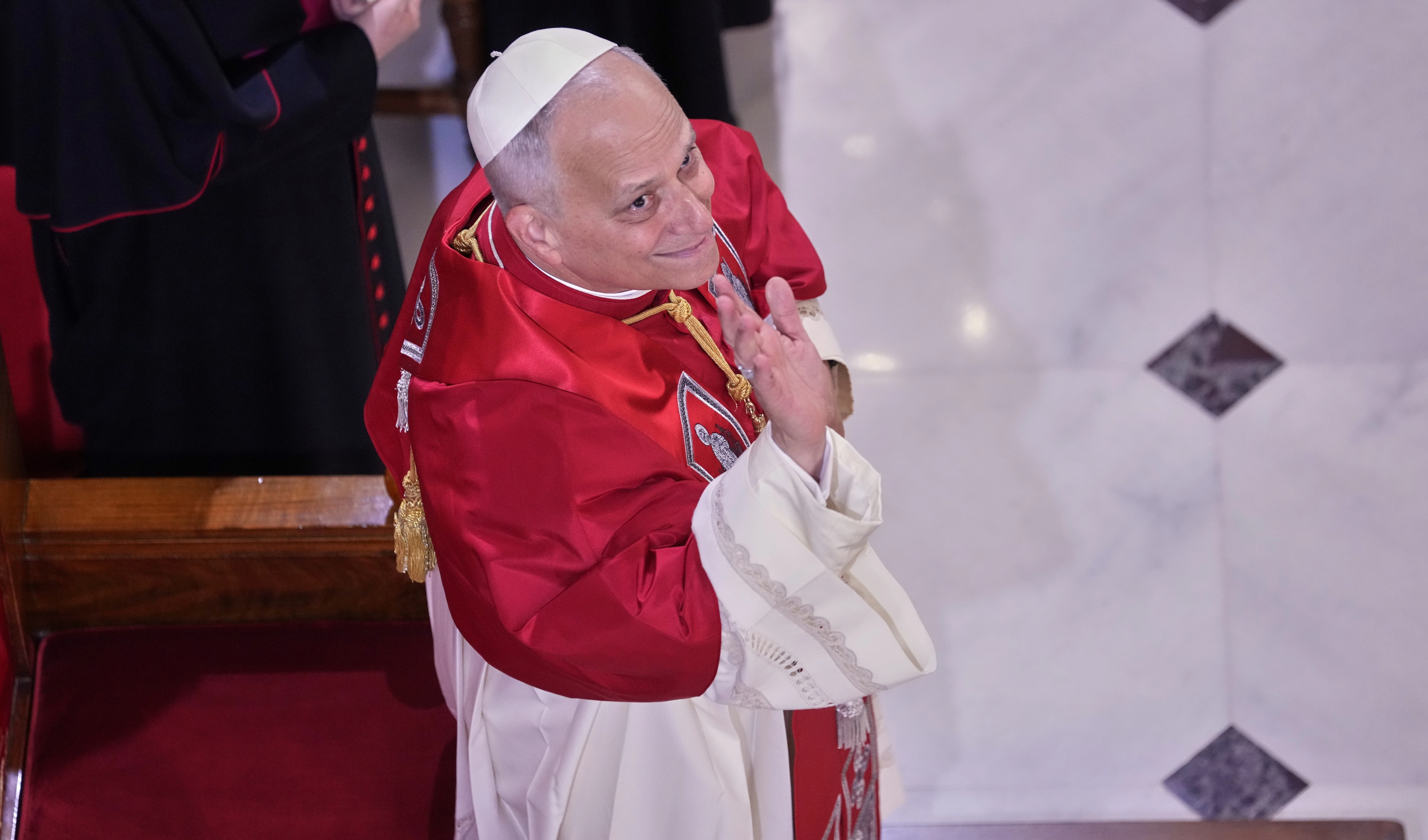 Pope Leo XIV meets the clergy at the Cathedral of the Holy Spirit, in Istanbul, Turkey, on November 28, 2025. (AP Photo/Domenico Stinellis)