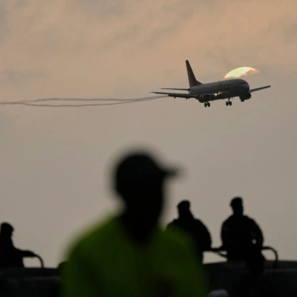 A plane carrying migrants deported months ago by the United States to El Salvador under the Trump administration's immigration crackdown lands at Simón Bolívar International Airport in Maiquetía, Venezuela, July 18, 2025. (AP)