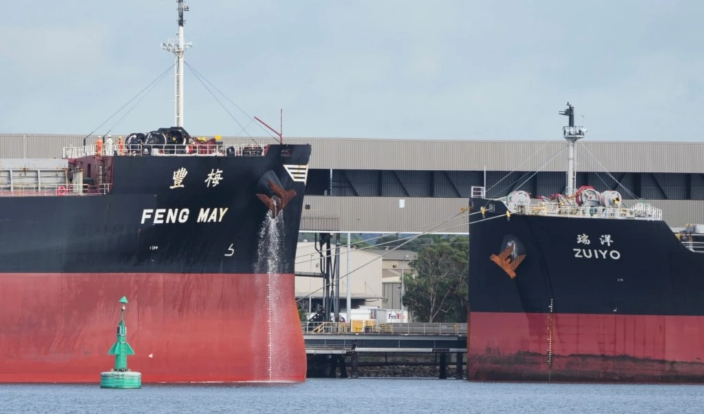 Bulk carrier Feng May, left, sails past bulk carrier Zuiyo as it prepares to dock at Newcastle Port, north of Sydney, Australia, Thursday, April 17, 2025 (AP)