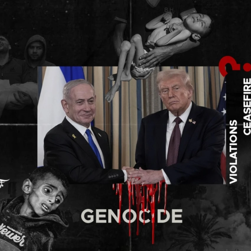 Trump and "Israel" are deceivers. This genocide is horrific, and they continue to perpetrate it, both implicitly and explicitly, across multiple fronts. (Al Mayadeen English; Illustrated by Batoul Chamas)
