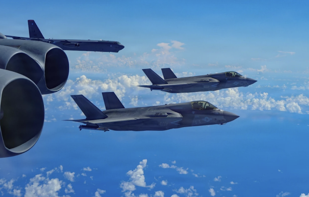 In this US Air Force image, a B-52H Stratofortress bomber flies with Marine Corps F-35B Lightning II aircraft in the US Southern Command area of responsibility on October 15, 2025. (AP)