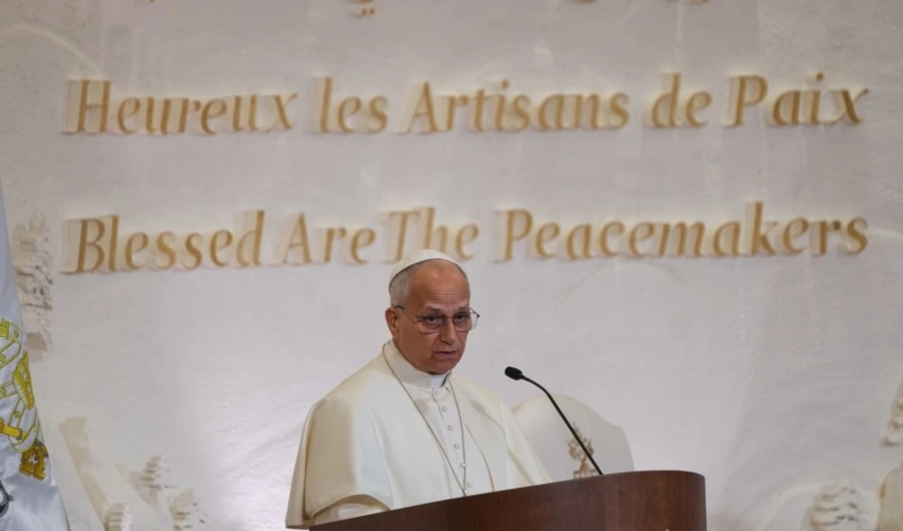 Pope Leo XIV delivers his speech during a meeting with diplomats, authorities and members of the civil society at Beirut's Presidential palace, Lebanon, Sunday, Nov. 30, 2025. (AP)