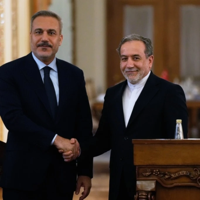 Iranian Foreign Minister Abbas Araghchi, right, and his Turkish counterpart Hakan Fidan shake hands at the conclusion of their joint news briefing after their meeting in Tehran, Iran, Sunday, November 30, 2025 (AP)