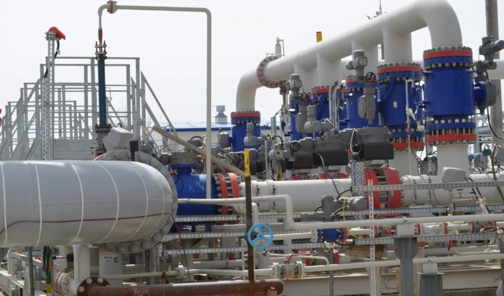 A section of the Caspian Pipeline Consortium’s oil infrastructure, showing interconnected pipelines, valves and control systems at one of its export facilities