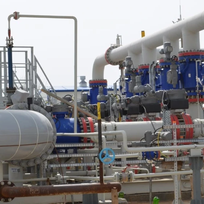 A section of the Caspian Pipeline Consortium’s oil infrastructure, showing interconnected pipelines, valves and control systems at one of its export facilities