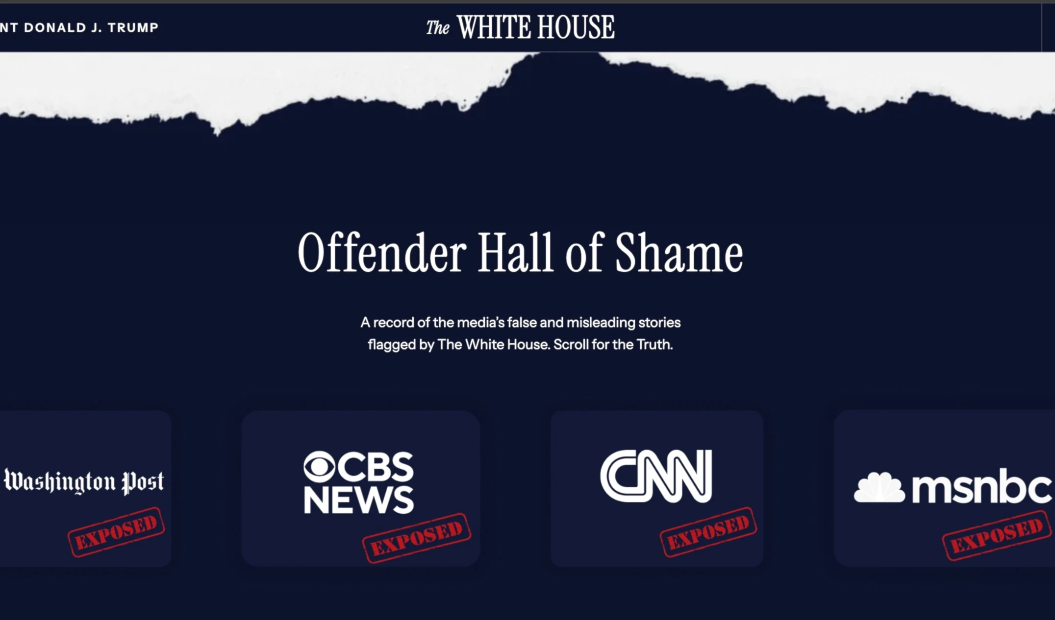 Screenshot of the White House's "Media Offenders" page. (https://www.whitehouse.gov/)