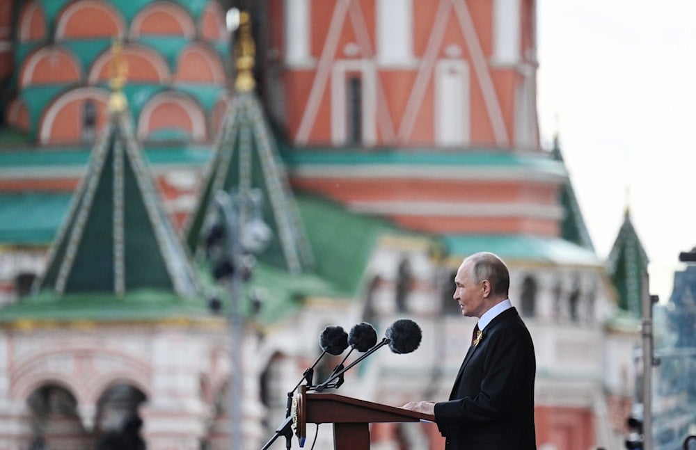 Russian President Vladimir Putin speaks during the Victory Day military parade in Moscow, Russia, Friday, May 9, 2025 (AP)