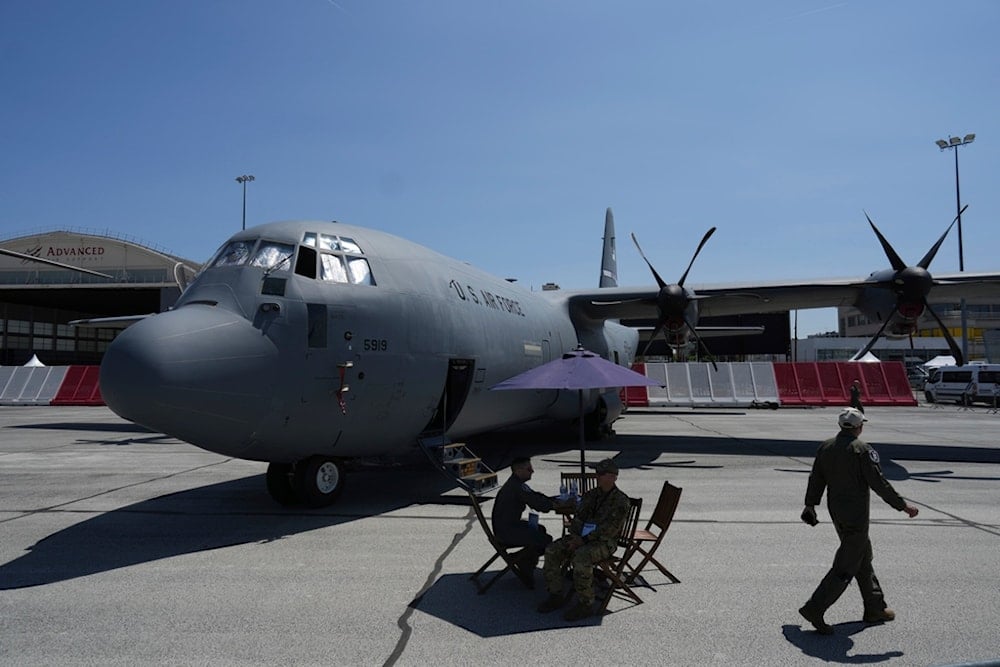 A U.S. C-130 Hercules transport aircraft is on display at the Paris Air Show, Wednesday, June 18, 2025 in Le Bourget, north of Paris. (AP Photo/Thibault Camus)