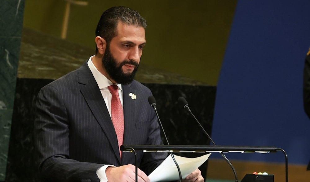 Syria President Ahmad Al-Sharaa speaks during the 80th session of the United Nations General Assembly, Wednesday, Sept. 24, 2025, at U.N. headquarters. (AP)