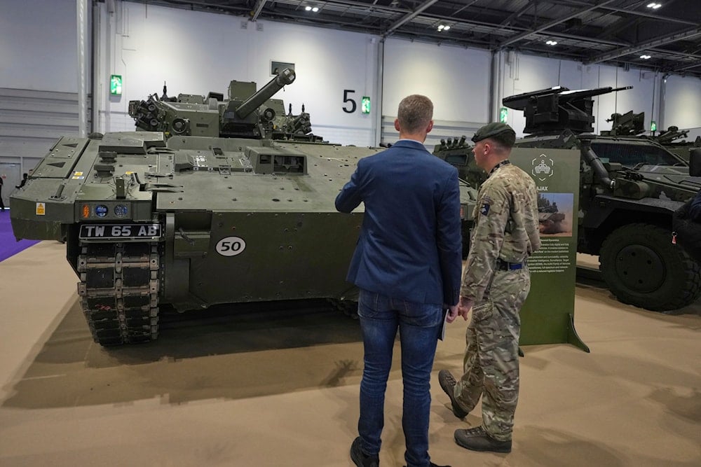 The new British Army Ajax armoured fighting vehicle on dispaly at the DSEI exhibition of military equipment in London, on September 9, 2025. (AP Photo/Alastair Grant)