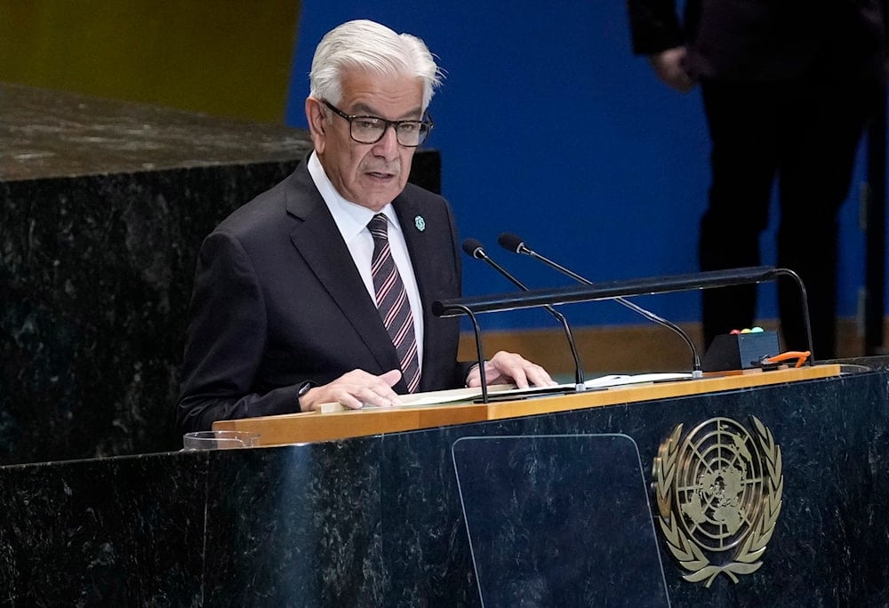 Pakistan's Defense Minister Khawaja Muhammad Asif addresses the Summit of the Future, in the United Nations General Assembly, Monday, Sept. 23, 2024 (AP)