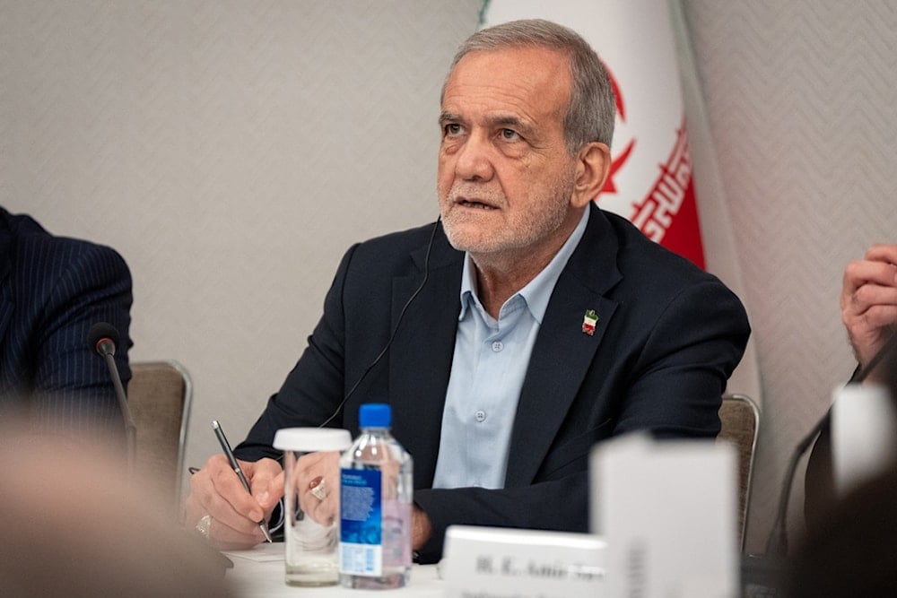 Masoud Pezeshkian, the President of Iran, takes questions from the media at a press briefing in New York, Friday, Sept. 26, 2025. (AP Photo/Angelina Katsanis)