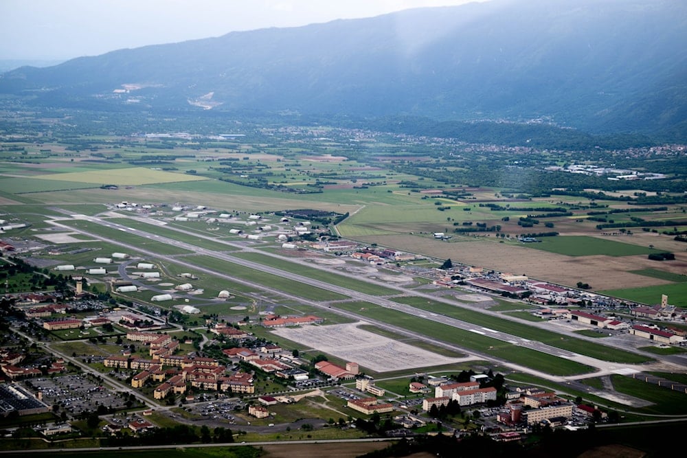 An aerial view of Aviano Air Base is taken from an HH-60W Jolly Green II during a training mission for the 57th Rescue Squadron at Aviano AB, Italy, May 27, 2025 (AP)