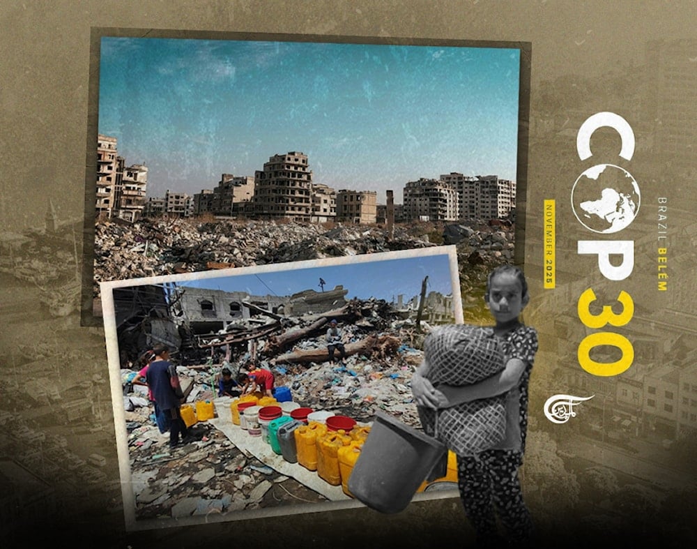 Civil society, environmental activists, and some states may succeed in raising the profile of Gaza’s ecocide, potentially spurring side events or statements at COP30. (Al Mayadeen English; Illustrated by Zeinab el-Hajj)