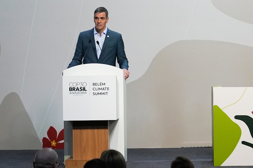 Spain Prime Minister Pedro Sanchez speaks during the COP30 U.N. Climate Summit in Belem, Brazil, Friday, Nov. 7, 2025 (AP)