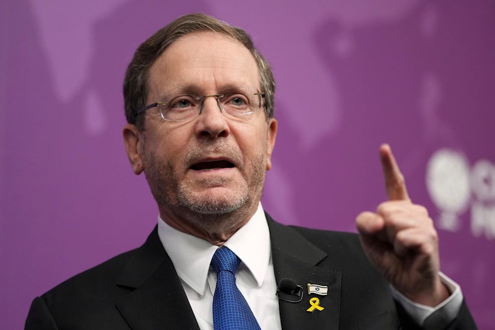 Israeli President Isaac Herzog gestures as he speaks at an event called 'In conversation with Isaac Herzog' at Chatham House in London, Wednesday, Sept. 10, 2025 (AP)