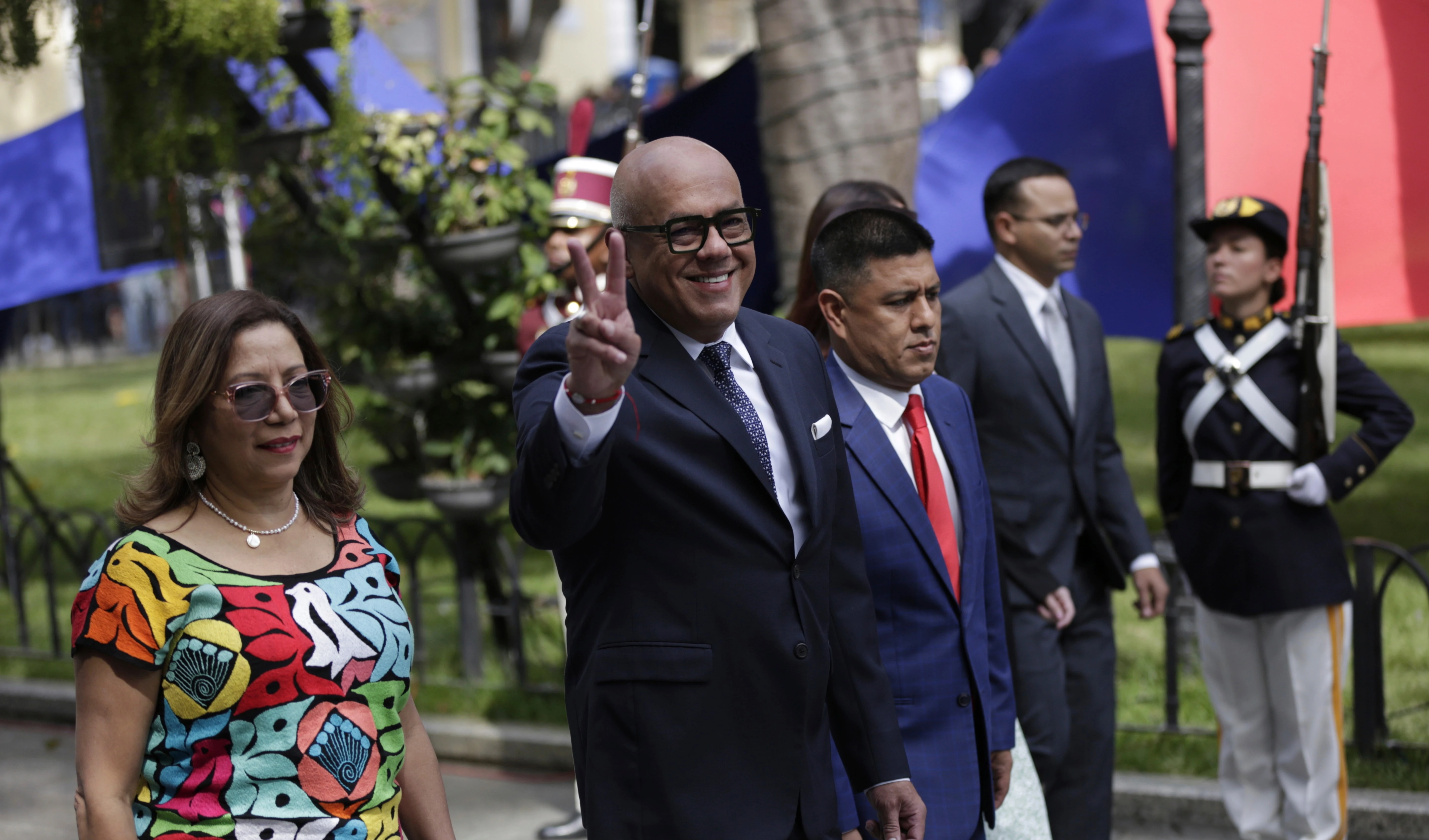 National Assembly President Jorge Rodriguez waves as he walks to congress before the ceremony to open the legislative year in Caracas, Venezuela, Sunday, Jan. 5, 2025 (AP)