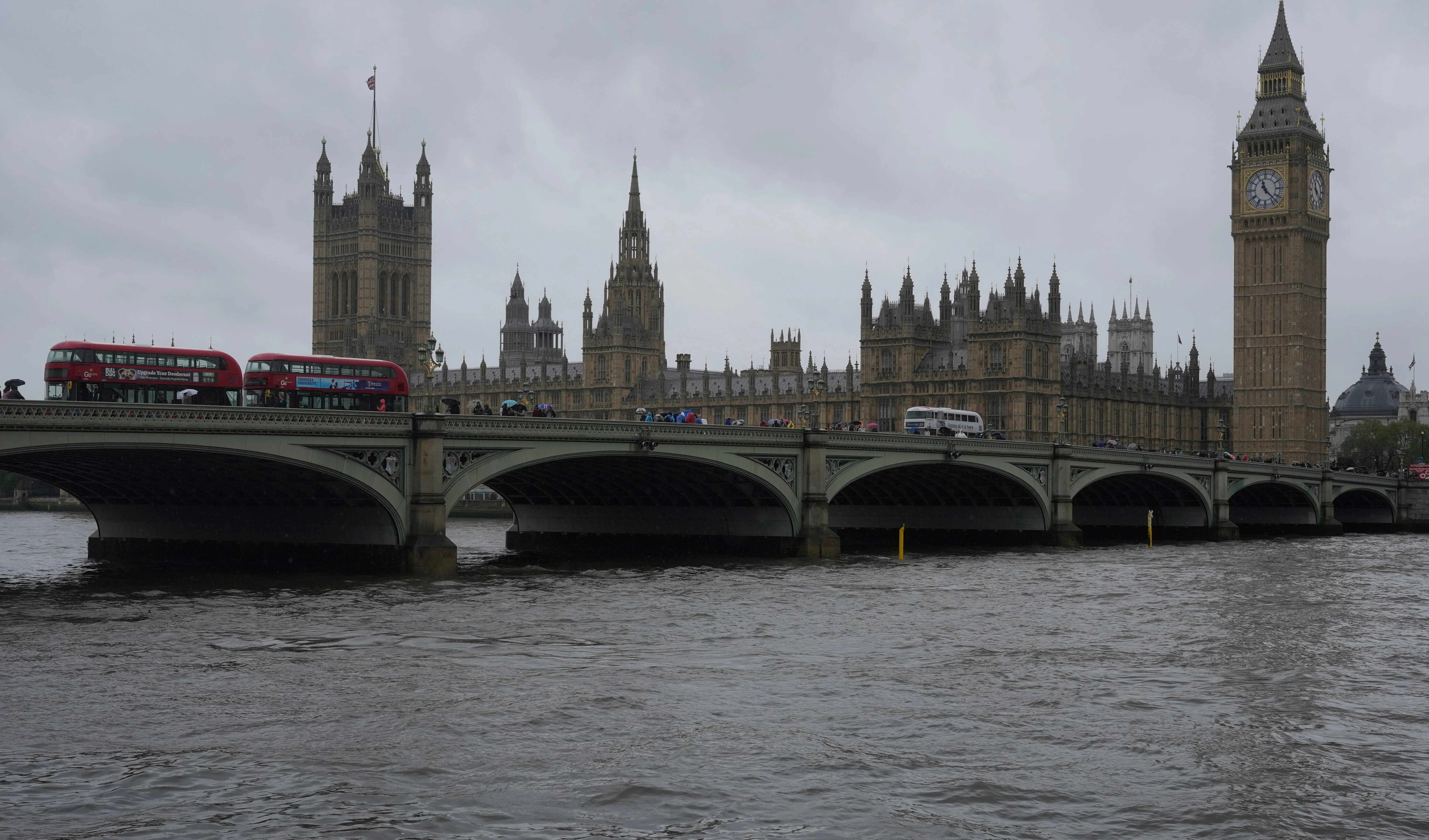 A general view of the Houses of Parliament from across the River Thames in London, Friday, May 3, 2024 (AP)