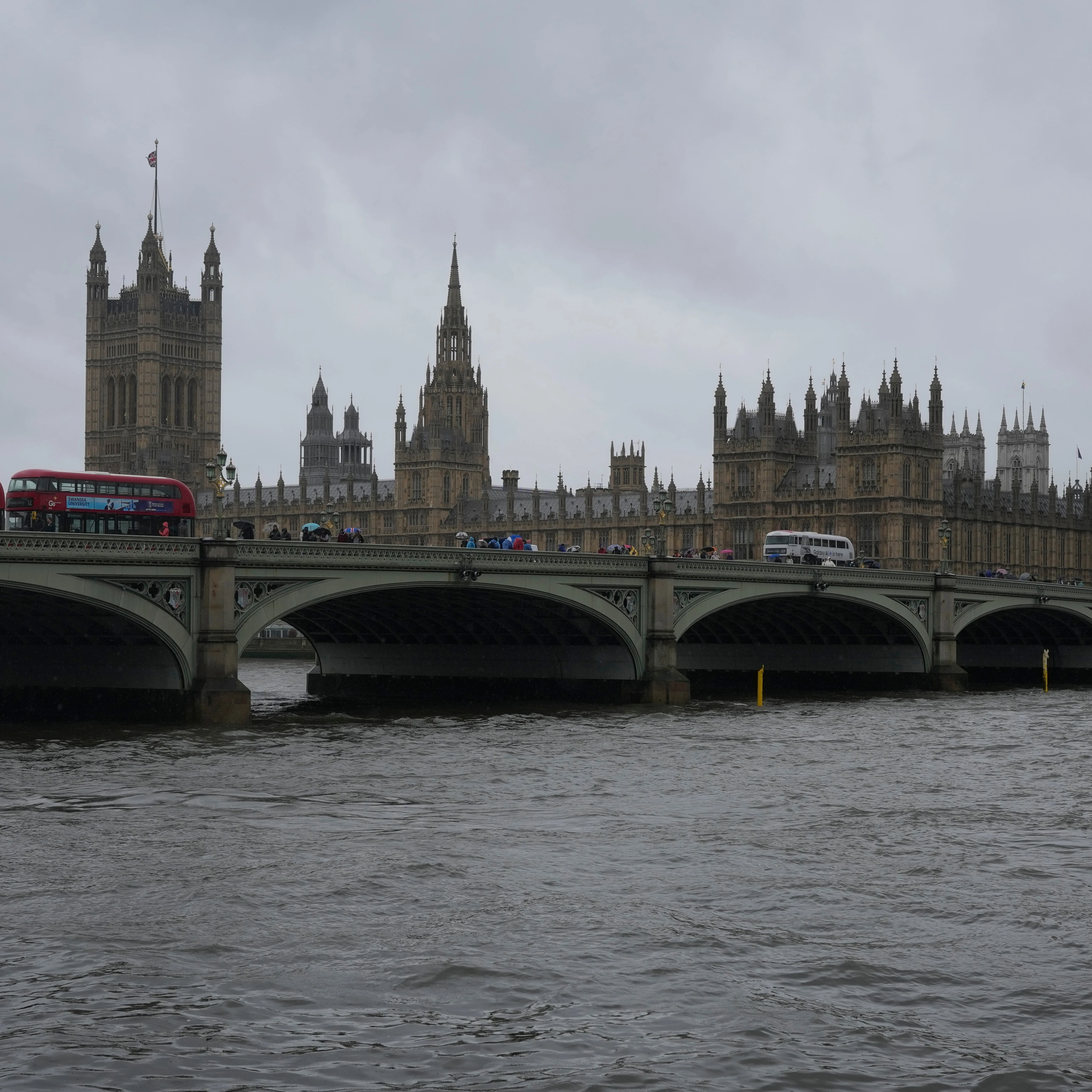 A general view of the Houses of Parliament from across the River Thames in London, Friday, May 3, 2024 (AP)