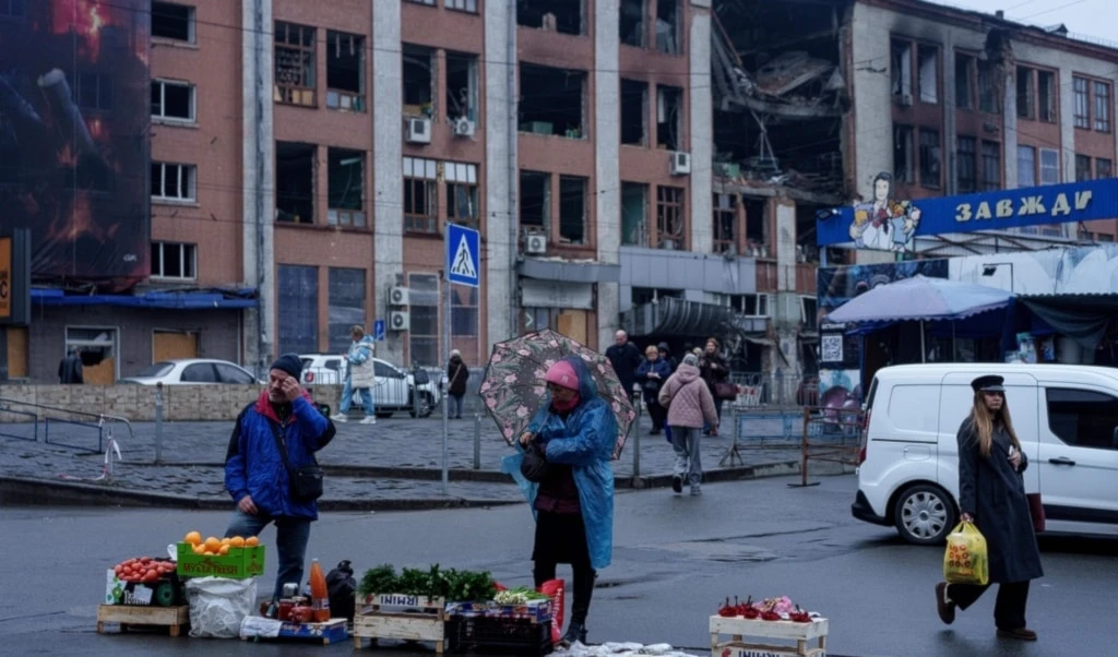People sell food at the market in front of a building, damaged by a strike, in Kiev, Ukraine, on Monday, Dec. 1, 2025. (AP Photo/Evgeniy Maloletka)