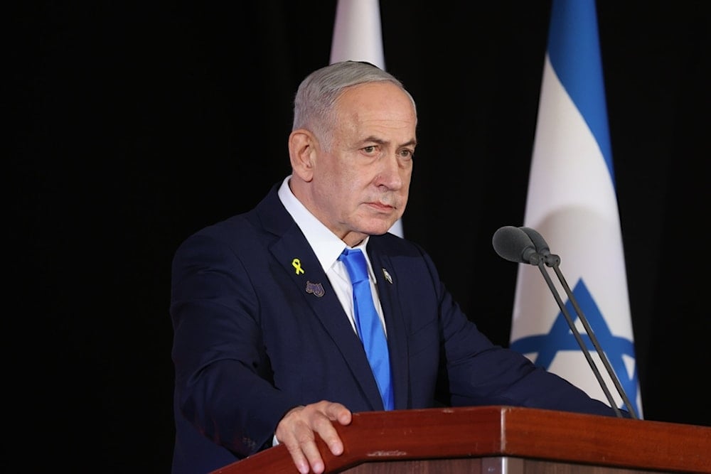 Israeli Prime Minister Benjamin Netanyahu delivers a speech at Mt. Herzl, in occupied al-Quds, occupied Palestine, Thursday, October 16, 2025 (AP)