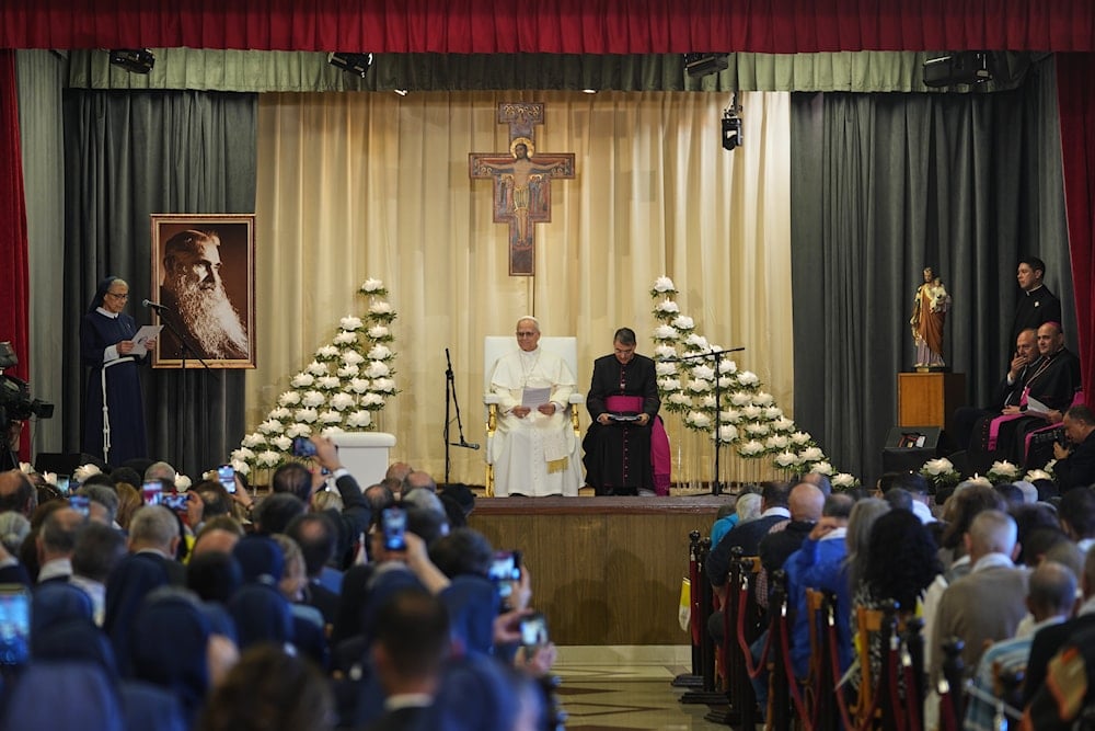 Pope Leo XIV listens as superior general Mother Marie Makhlouf delivers her speech at the De la Croix hospital in Jal el Dib, Lebanon, Tuesday, Dec. 2, 2025 (AP)